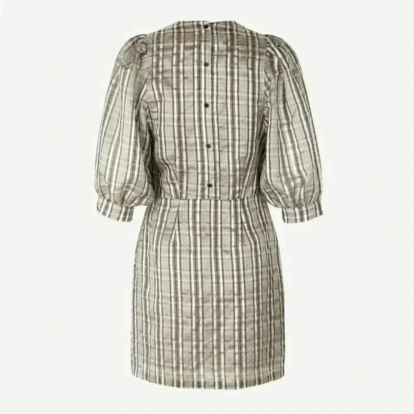 SAMSOE SAMSOE Gold Check Stripe 3/4 Puff Sleeve Celestine Back Button Dress - Picture 2 of 7